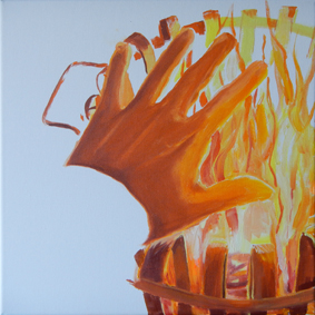 hand, fire, firebasket, flame, yellow, orange