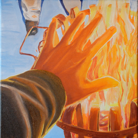 hand, firebasket, fire, orange, yellow