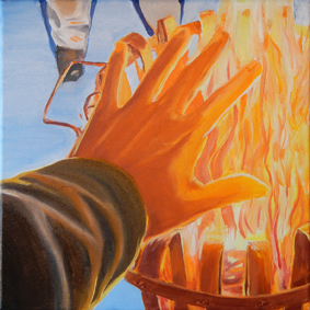 Hand, fire, firebasket, snow, shadow, orange, red, flame